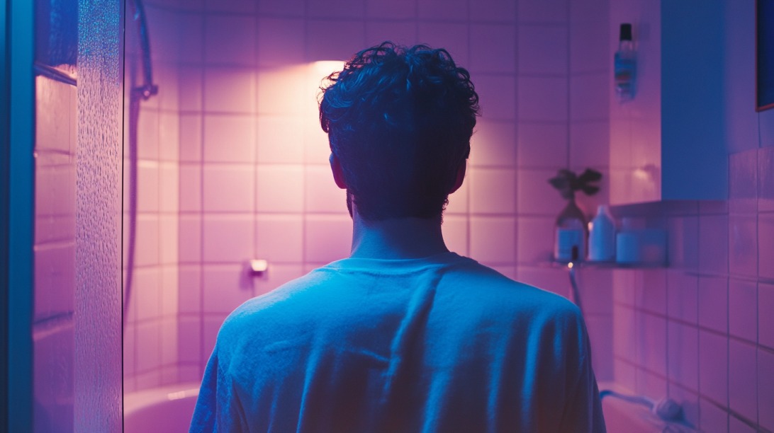 A man in a white shirt stands in a softly lit bathroom, facing a tiled wall, illuminated by pink and blue lights