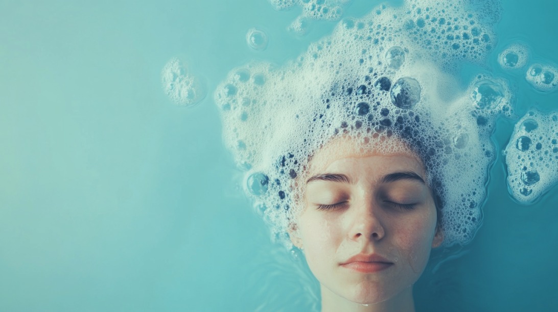 Person with eyes closed, submerged in water and covered in shampoo bubbles, symbolizing the connection between hygiene and emotional health