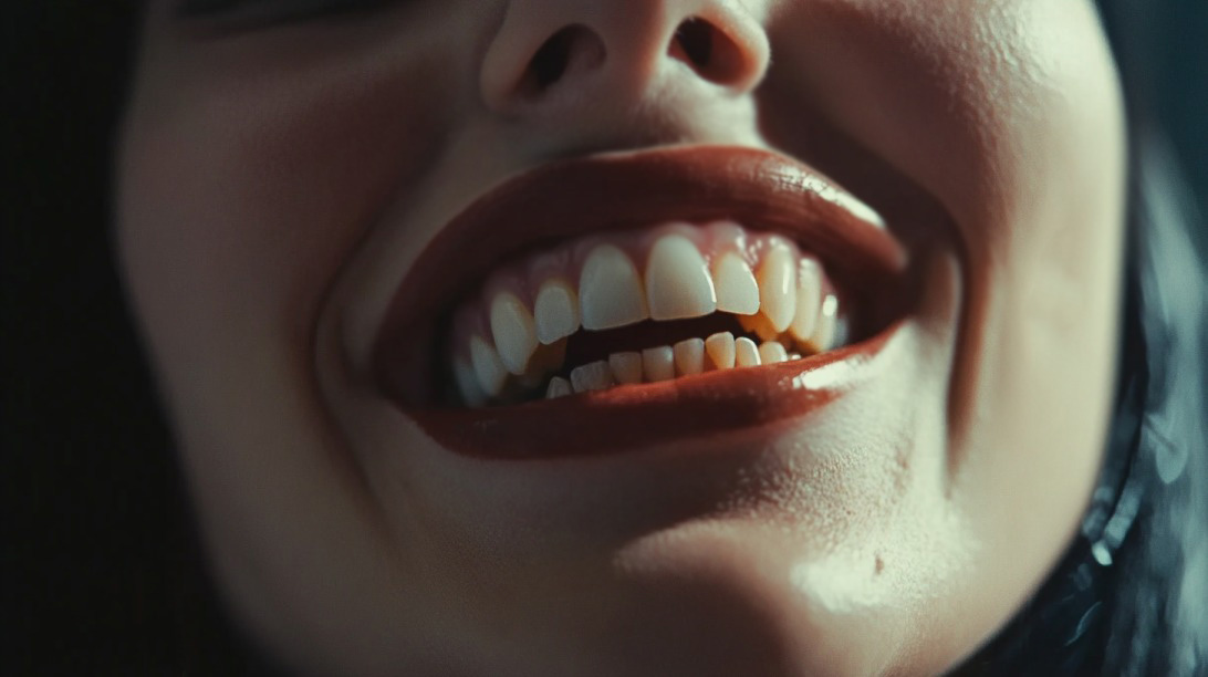 Close-up of a smiling mouth showing uneven and stained teeth, indicating possible dental hygiene problems