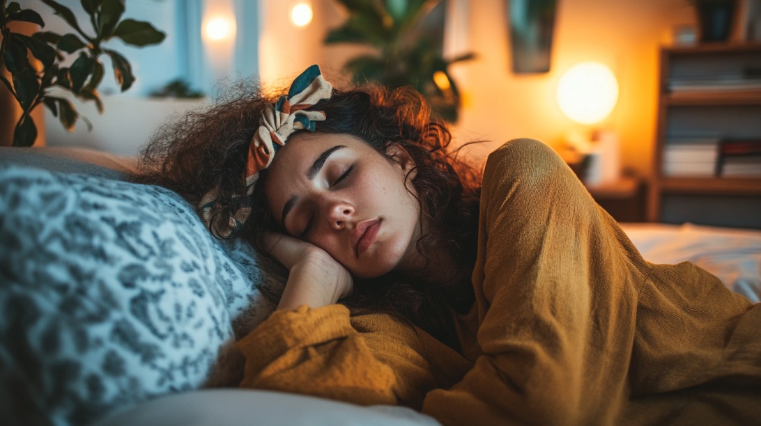 Woman sleeping on a bed in a cozy room with warm lighting, wearing a headband and mustard-colored top
