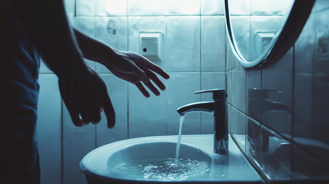 Person standing near a sink with running water in a dimly lit bathroom, symbolizing the impact of mental health on daily hygiene