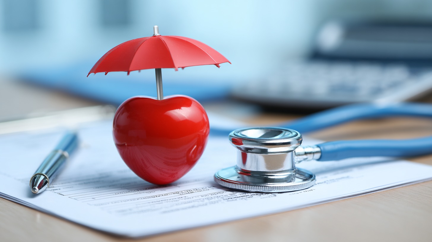 Red heart with a small red umbrella, stethoscope, and pen on a document.