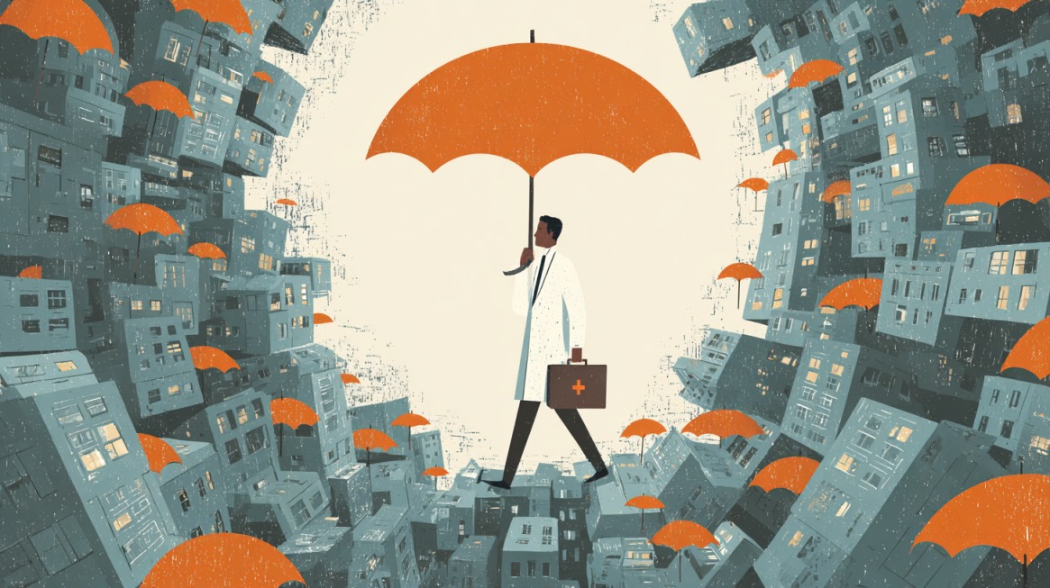 Doctor holding a large umbrella, symbolizing health insurance coverage