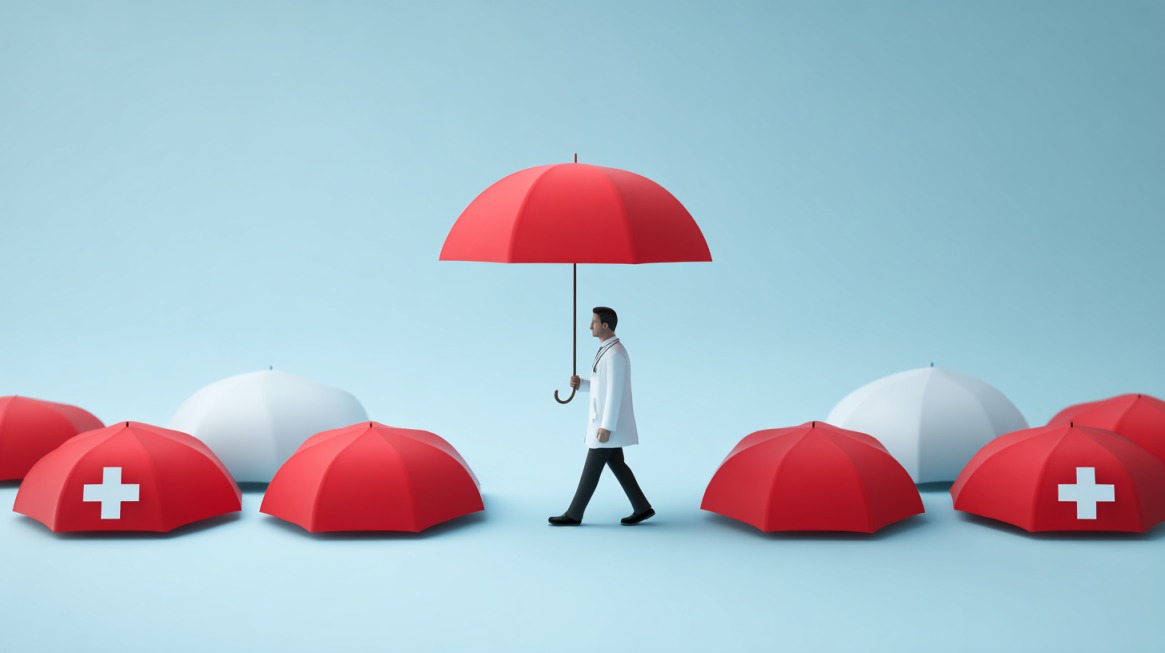 A doctor figurine walking under a large red umbrella surrounded by smaller red and white umbrellas, symbolizing different health insurance options